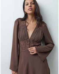 Abercrombie & Fitch - Long Sleeve V Neck Mini Dress With Lace Panel - Lyst