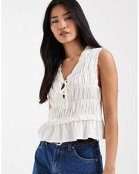 ONLY - Linen Blend Tie Front Ruched Top - Lyst