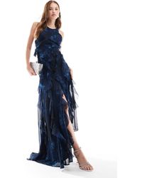 ASOS - Robe volantée longue à imprimé fleuri avec encolure nageur et ourlet asymétrique - sarcelle - Lyst