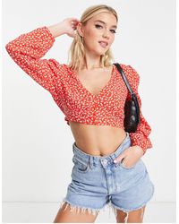 Monki - Crop Button Front Blouse With Volume Sleeves - Lyst