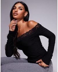Fashionkilla - Exclusive Double Sculpted Slinky Lace Trim Bardot Long Sleeve Top - Lyst