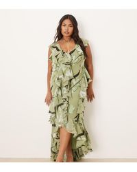 ASOS - Vestido Largo Verde De Corte Al Bies Con Estampado Floral, Volantes Y Espalda Descubierta De Asos Design Curve - Lyst