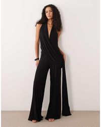 ASOS - Slinky Plunge Halter Jumpsuit With Draped Sash Detail - Lyst