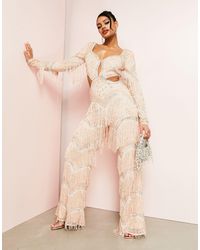 ASOS - Tuta jumpsuit decorata con cut-out e frange color cipria - Lyst
