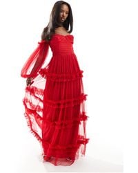 LACE & BEADS - Sheer Sleeve Tulle Ruffle Maxi Dress - Lyst