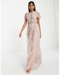 ASOS Bridesmaid Pearl Embellished Flutter Sleeve Maxi Dress With Floral Embroidery - Pink