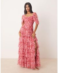 LACE & BEADS - Asymmetrische Maxi Jurk Van Tule Met Blote Schouder En Bloemenprint - Lyst