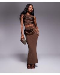 Wanderdoll - Cole Ruched Mesh Top With Satin Drape Detail And Maxi Skirt Set - Lyst