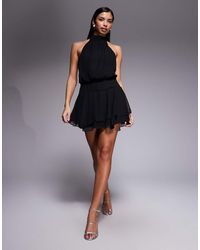 Fashionkilla - Exclusive Chiffon Halterneck Foldover Detail Ruffle Skirt Mini Dress - Lyst
