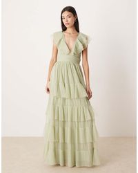 LACE & BEADS - Tulle Flutter Sleeve Tiered Frill Maxi Dress - Lyst