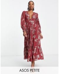ASOS - Asos Design Petite Metallic Channel Detail Midi Dress With Puff Sleeves And Tie Back Detail - Lyst