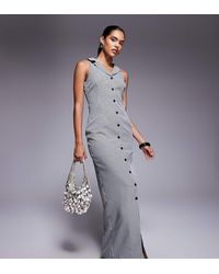 Kaiia - Vestido Largo A Cuadros Vichy Negros Con Cuello Halter, Solapas Y Botones Exclusivo De - Lyst