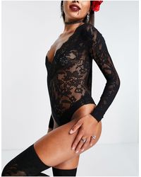 Ann Summers Supreme Long Sleeve Lace Bodysuit With Plunge Front Detail - Black