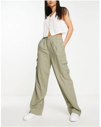 New Look - Pantalon cargo ample en lin - kaki foncé - Lyst