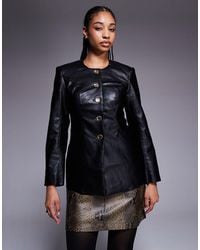 River Island - Faux Leather Collarless Jacket With Gold Buttons - Lyst