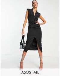 ASOS - Asos Design Tall Shoulder Pad Plunge Midi Dress With Belt - Lyst