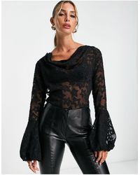 ASOS Sheer Long Sleeve Blouse With Cowl Neck And Bell Sleeve Detail - Black