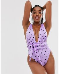 ASOS Grote Cupmaten - Badpak Met Gestrikte Voorkant En Riem - Paars