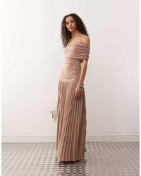 Lioness - Field Of Dreams Bardot Ruched Waist Pleated Drop Hem Maxi Dress - Lyst