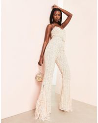 ASOS Embellished Belted Jumpsuit With Faux Feather Trim - Natural