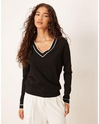 Mango - V Neck Knitted Jumper With Contrast Trim - Lyst