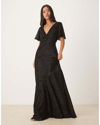 Six Stories - Flutter Sleeve V-neck Asymmetric Dropped Hem Maxi Dress - Lyst