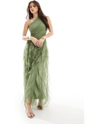 LACE & BEADS - Bridesmaid One Shoulder Waterfall Ruffle Maxi Dress - Lyst