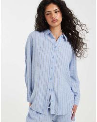 Vero Moda - Gestreept Oversized Overhemd Van Linnenmix - Lyst