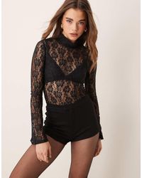 ASOS - Doorschijnende Kanten Top Met Col En Uitlopende Mouwen - Lyst
