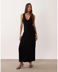 Mango - V Neck Ruched Maxi Dress - Lyst