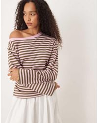 ASOS - Camiseta Rosa Y Verde A Rayas De Manga Larga Con Hombro Caído Y Cintura Estilo Corsé De - Lyst