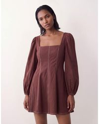 ASOS - Square Neck Twill Mini Dress With Puff Sleeve And Contrast Stitching - Lyst