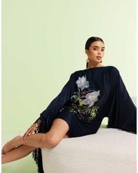 ASOS - Versierde Mini-Jurk Met Lange Mouwen, Bloemen En Franjes - Lyst