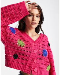 ASOS V Neck Cardi With Floral Crochet Detail - Pink