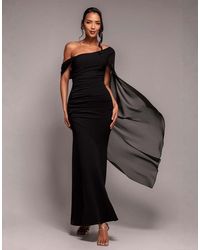 Goddiva - One Shoulder Cape Sculpting Stretch Jersey & Chiffon Maxi Dress - Lyst