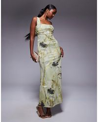ASOS - – netzstoff-maxikleid mit grünem blumenprint und asymmetrischem bardot-ausschnitt mit einem camisole-träger - Lyst