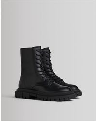 Bershka Faux Leather Lace Up Ankle Boot - Black