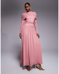 DASKA - Long Sleeve Ruched Cape Pleated Skirt Maxi Dress - Lyst