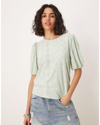 Vila - T-shirt en broderie anglaise avec manches bouffantes - limon - Lyst