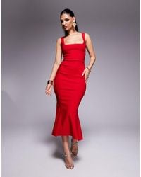 Vesper - Bengaline Sleeveless Square Neck Fishtail Midi Dress - Lyst