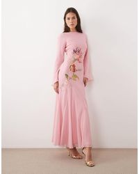 asos design floral embroidered dobby mesh flutter sleeve maxi dress ASOS Asos Design Petite Bridesmaid Floral Embroidered Flutter Sleeve Maxi  Dress With Embellishment in Blue
