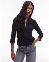 ARKET - Jersey Rib Knit Polo Top With Zip Collar And 3/4 Length Sleeves - Lyst