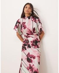 ASOS - Hoogsluitende Maxi Jurk Van Satijn Met Uitlopende Mouwen En Oversized Bloemenprint - Lyst