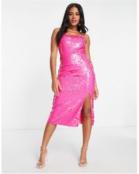 LACE & BEADS - Esclusiva - vestito midi con paillettes rosa acceso e spacco - Lyst