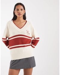 GANT - Pull oversize en coton à col v - crème et rouge - Lyst