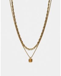 ASOS - Waterproof Stainless Steel 2 Pack Chain Necklace With Square Semi-precious Tigers Eye Pendant - Lyst