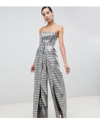 ASOS Asos Design Tall Structured Bandeau Jumpsuit With Split Leg - Metallic