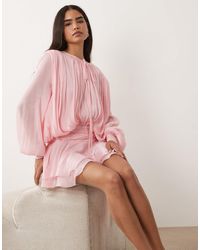 Lioness - Elements High Sheen Chiffon Drape Detail Balloon Sleeve Tie Waist Mini Dress - Lyst
