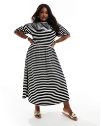 ASOS - Asos design curve - robe t-shirt mi-longue et rayée à buste froncé - noir et blanc - Lyst