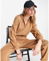 Pretty Lavish Balloon Sleeve Collared Knit Jumpsuit With Buttons - Brown